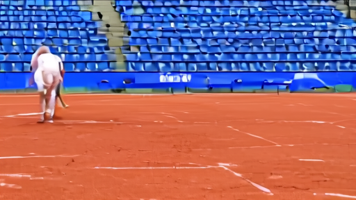 Two groundskeepers in white polos rake red clay on Court Philippe-Chatrier under late spring sun, the empty stands behind them painted blue