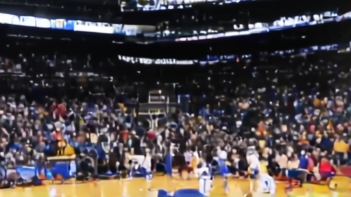 Madison Square Garden seen from the upper bowl with Knicks players in white on a baseline play, the scoreboard above showing late-game numbers.