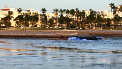 Saltwater pools across a Miami Beach street at high tide on a clear morning, a car wake spraying past a curb