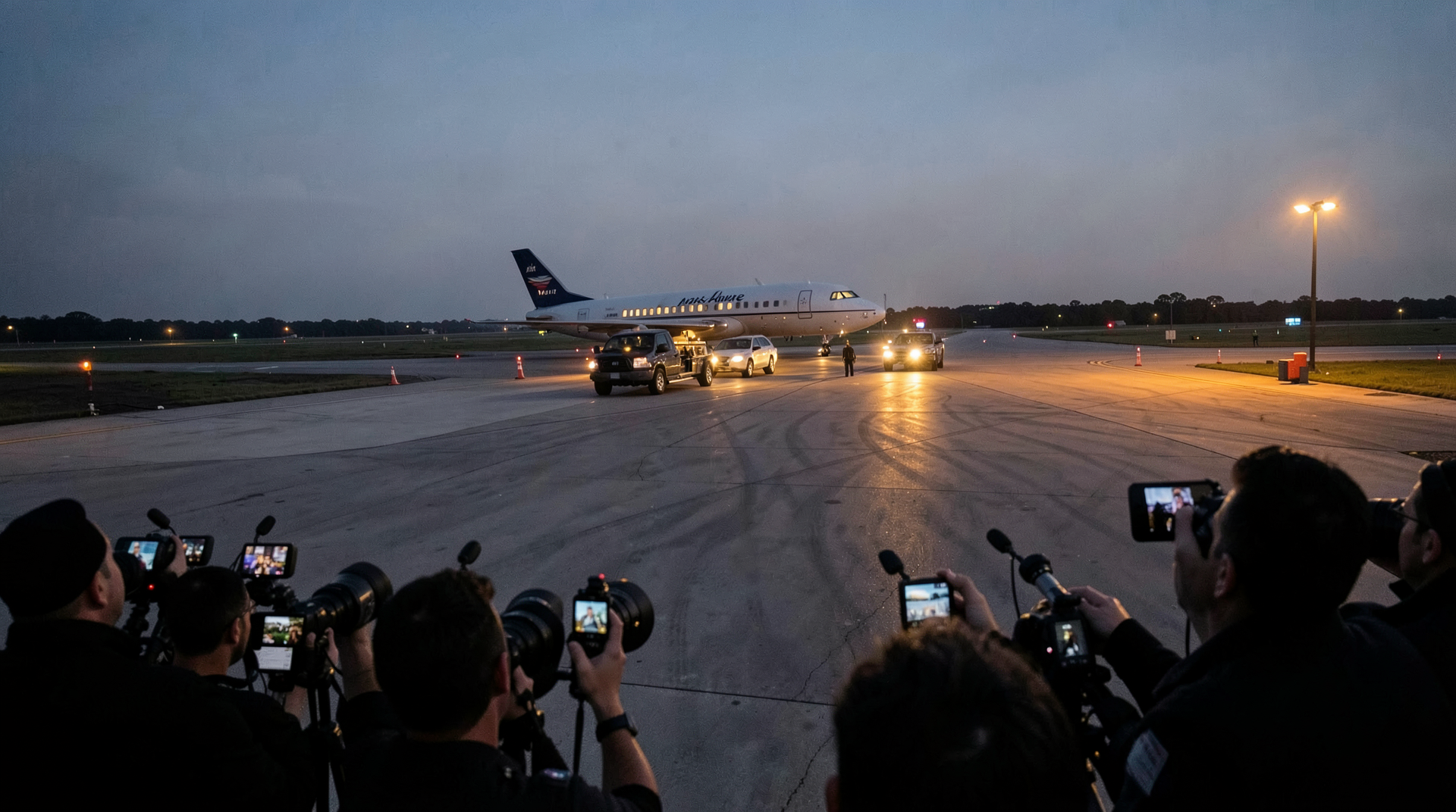Air Force One on a darkening tarmac at Joint Base Andrews, reporters' microphones in the foreground, presidential motorcade angled toward the cameras.