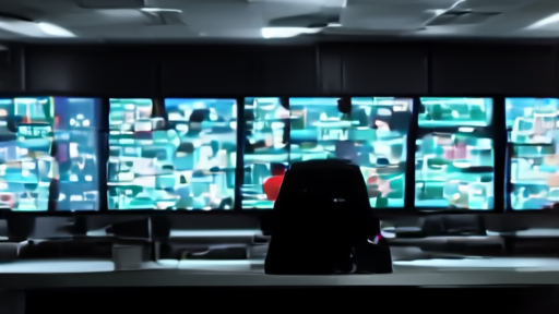 Empty enterprise security operations center at night with dim monitors
