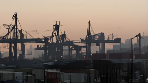 Container terminal at Yangshan port in Shanghai photographed in the early evening with cranes silhouetted.