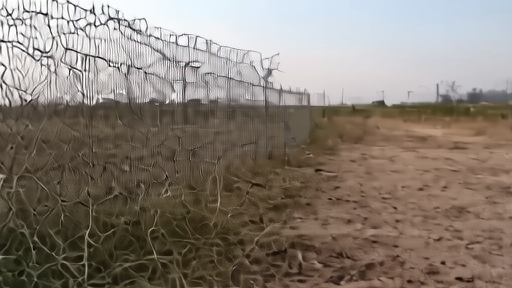 A health worker in full PPE at the perimeter of a treatment center in Bunia, Ituri Province, gloved hand on a chain-link fence.