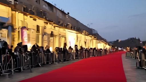 Palais des Festivals exterior at dusk with Cannes festival banners, photographers waiting for closing ceremony arrivals.