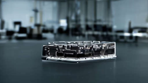 Wafer-scale semiconductor module on a black display table inside an empty engineering laboratory.
