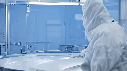 Cleanroom worker inspecting a silicon wafer under blue lighting inside an Intel fabrication facility.