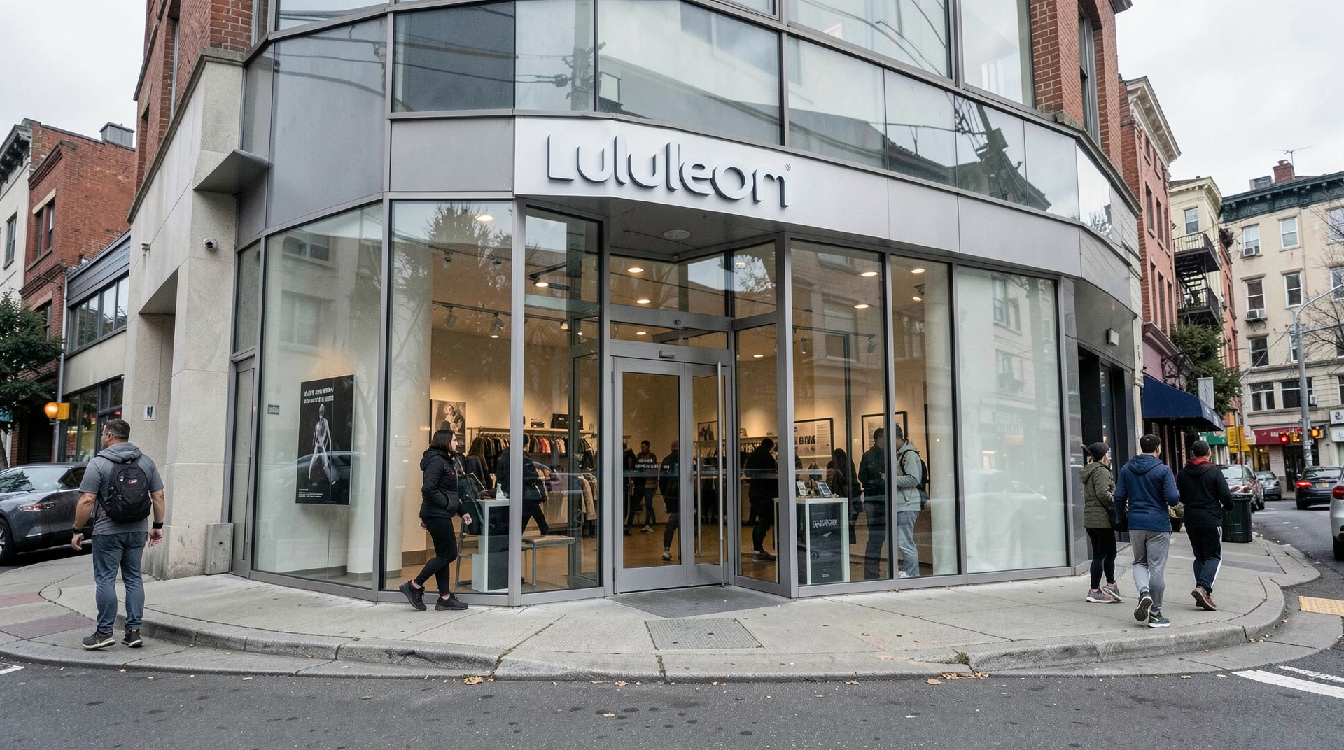 A Lululemon storefront on a Vancouver shopping street, with the company logo visible above the windows and a few shoppers passing by