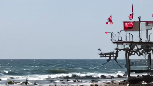 Florida beach with double-red rip-current flags raised, lifeguard tower in background, families on sand.