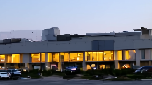 An Nvidia logo on a building exterior at dusk in Santa Clara, the parking lot half empty, a single lit window above.