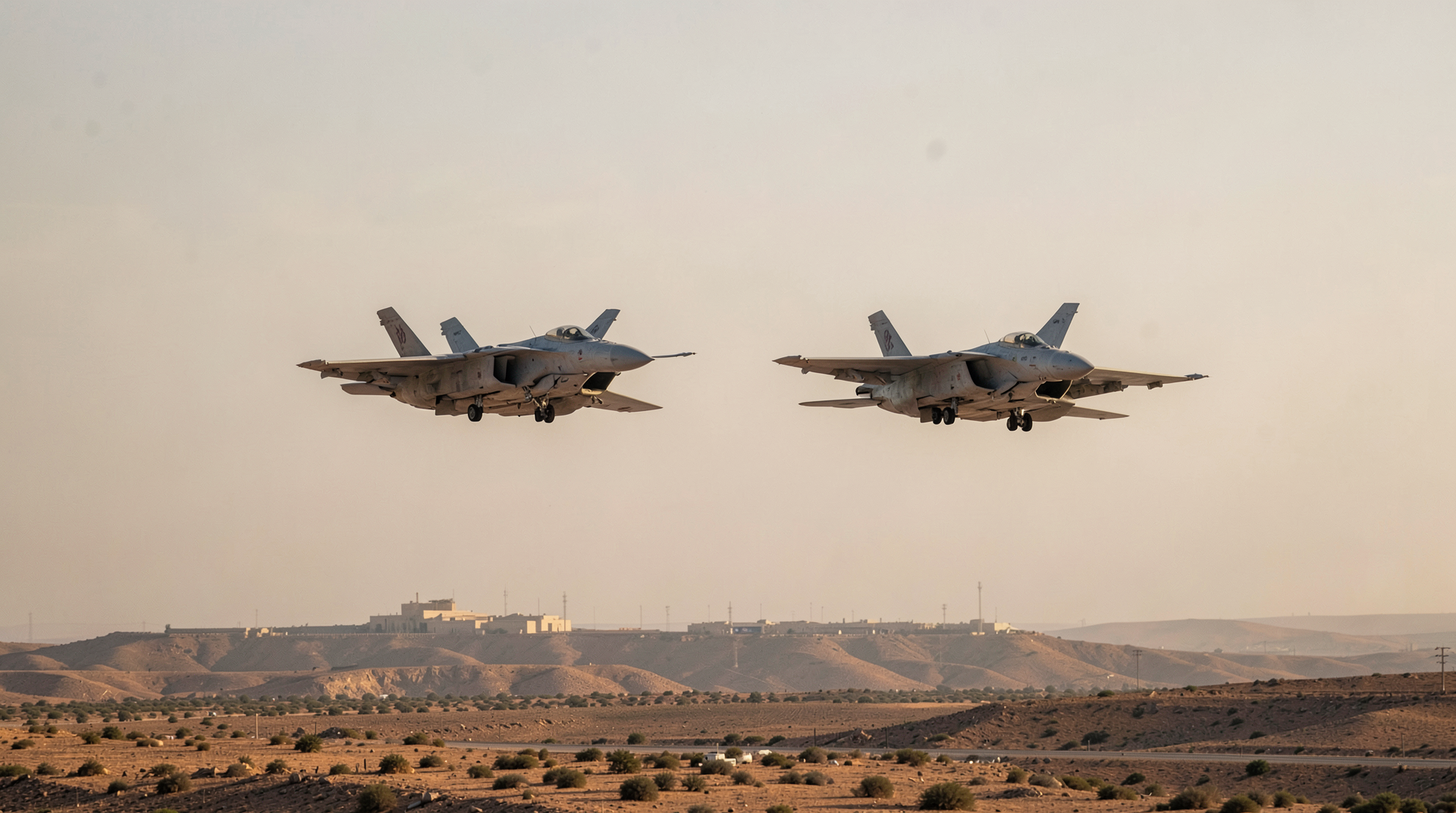 Saudi F-15 fighter jets in formation against a desert sky, with the silhouette of the Saudi-Iraq border landscape below