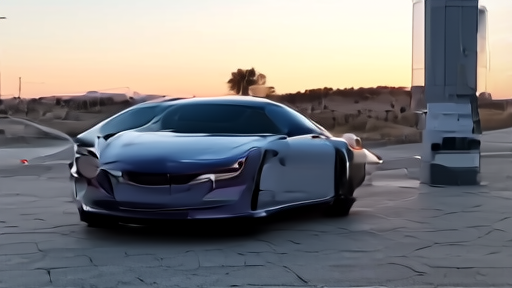 Tesla Cybercab prototype parked outside an empty robotaxi Supercharger station at dusk.
