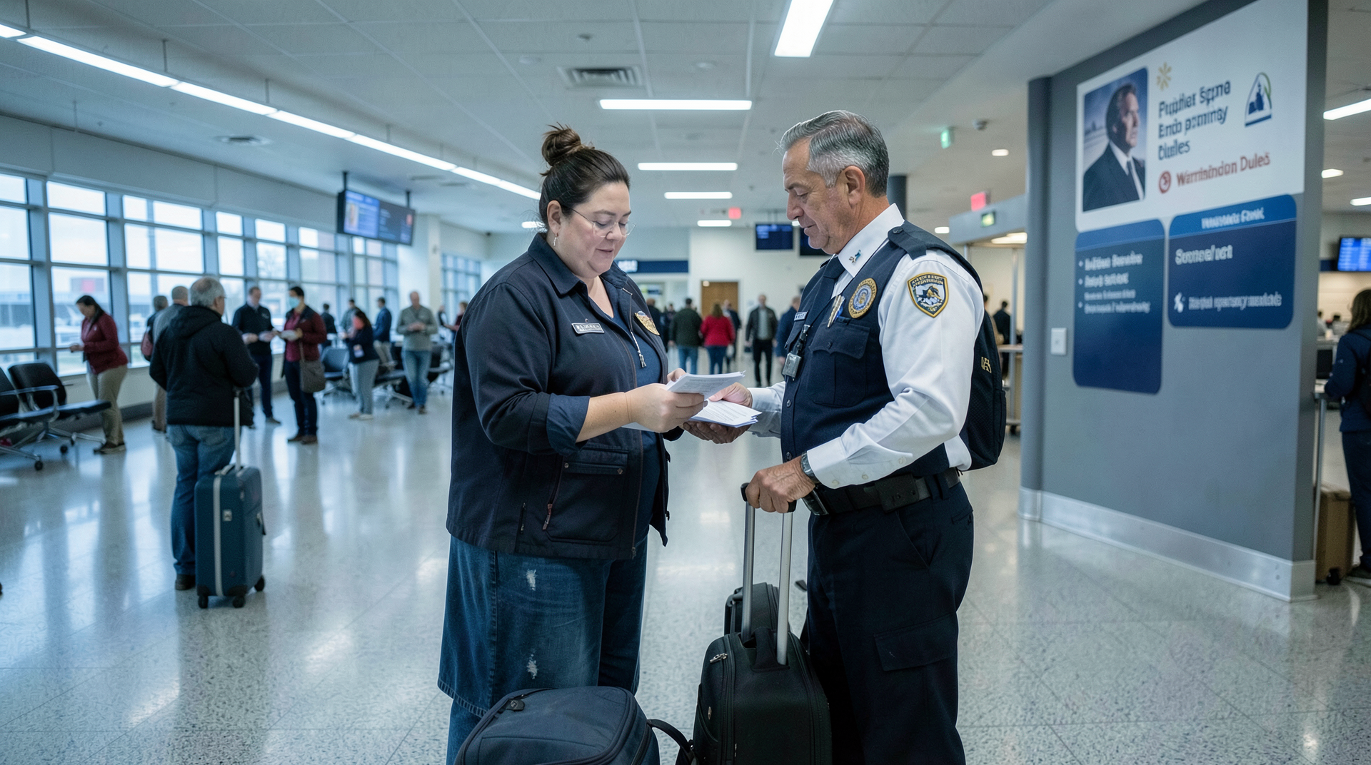 A US Customs and Border Protection officer reviews a green-card holder's documents at the international arrivals hall at Washington Dulles International Airport, with Ebola health-screening posters visible