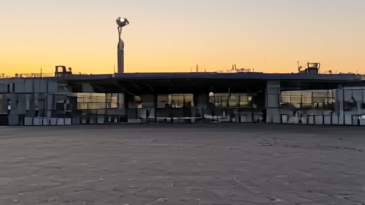 The Puskás Aréna exterior at sunset, a single security gate light on, fan-zone barriers stacked but not yet deployed.