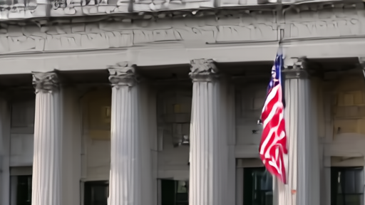 FCC building exterior in Washington with American flag, late-afternoon light.