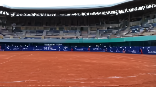 Court Philippe-Chatrier at Roland Garros, the red clay raked and empty under late-afternoon Paris light the day before main-draw play begins.