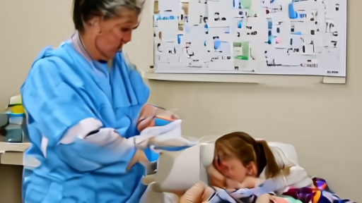 A pediatrician at a county-health-department clinic prepares an MMR vaccine in front of a wall chart of recommended childhood immunizations