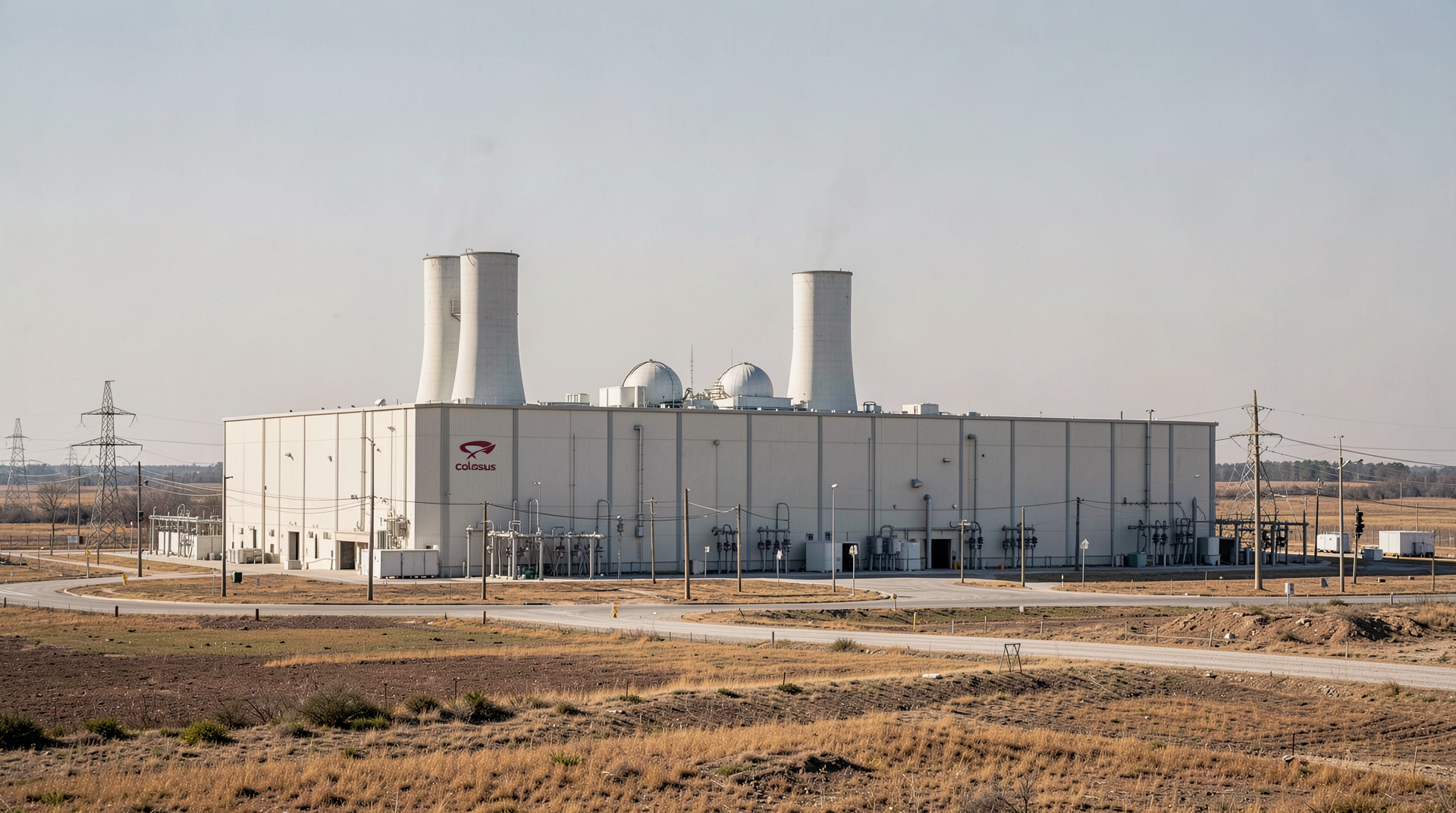 Exterior shot of the SpaceX Colossus 1 data center near Memphis, Tennessee, with cooling towers and electrical infrastructure visible against a flat Tennessee landscape