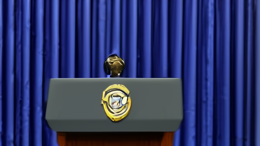 Empty White House press briefing podium under hot lights with the seal of the President of the United States.