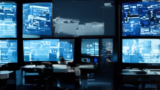 Dim engineering operations center at night with empty desk and inactive screens.