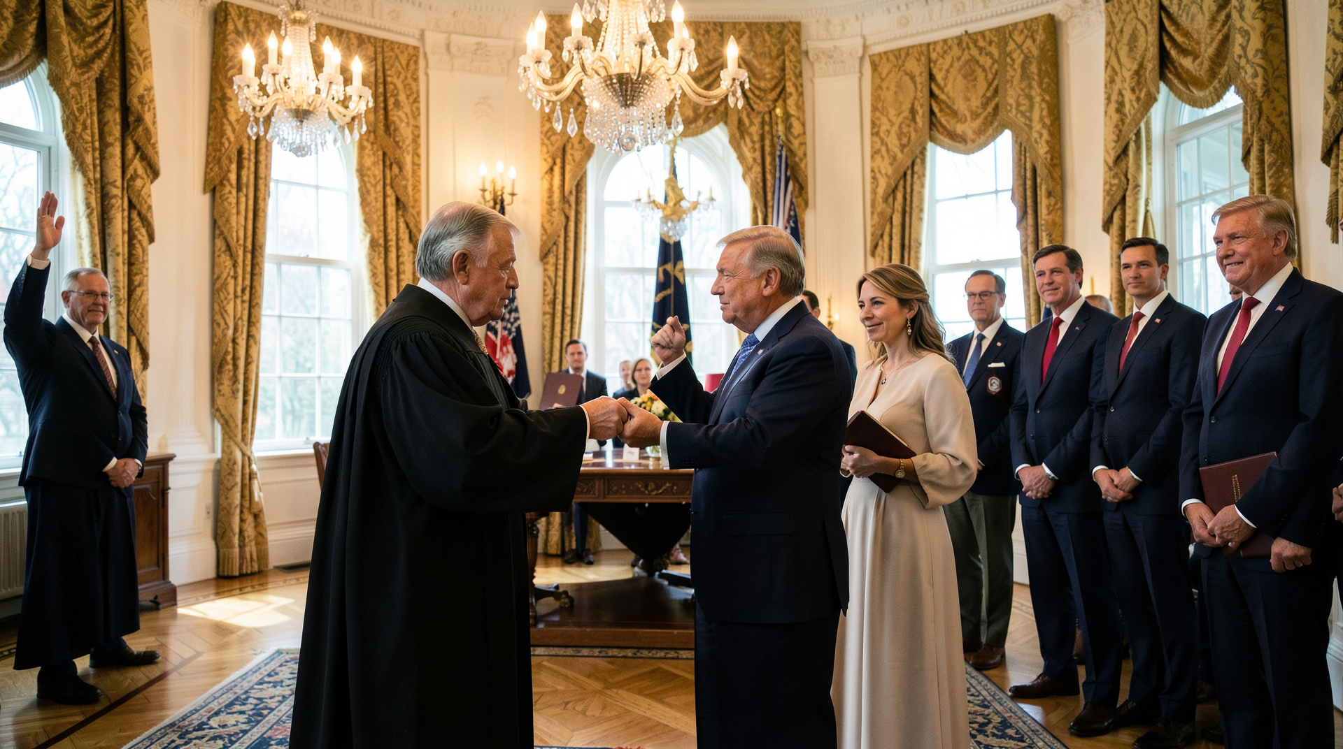 Justice Clarence Thomas administers the oath of office to Kevin Warsh in the East Room of the White House, with Warsh's wife Jane Lauder holding the Bible and President Trump in the background