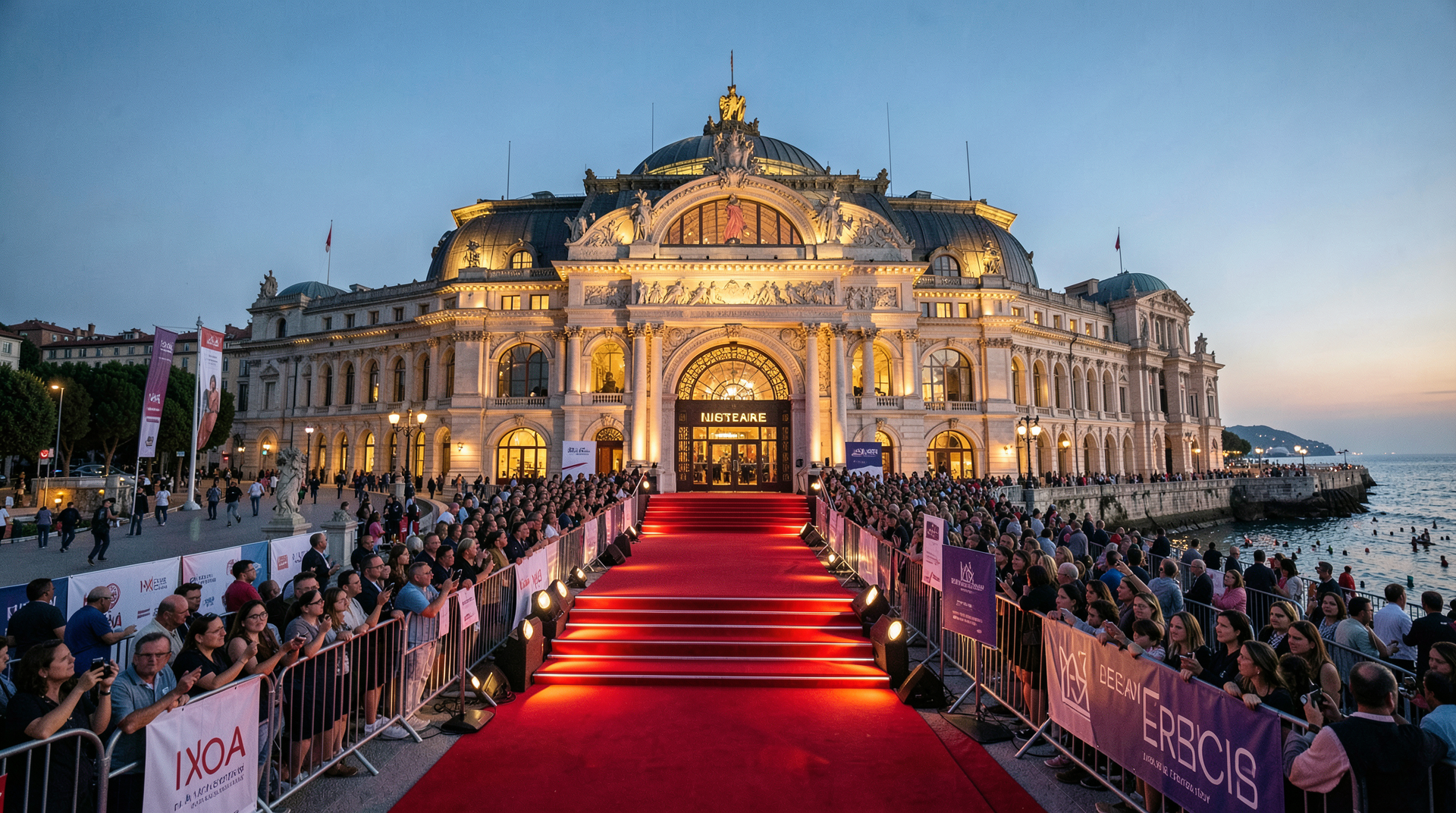 The exterior of the Grand Théâtre Lumière at the Palais des Festivals in Cannes during the evening of the closing ceremony, with red-carpet steps illuminated and crowds gathered behind barriers.