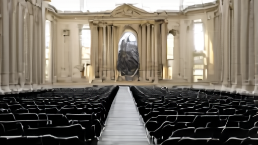 The Vatican Synod Hall set for a press conference two days before publication, name placards on a long table, the papal chair empty, press chairs in rows.