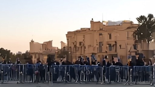 A diplomatic motorcade with Qatari flag insignia entering a government building in Tehran, photographers visible behind security barriers.