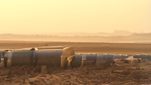 A wide section of buried-pipeline construction in the desert, large pipe sections staged alongside a trench, no workers visible, dawn light