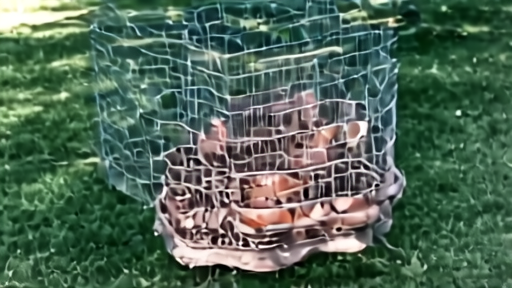 A small backyard chicken coop on a suburban lawn on Saturday morning, a child's wooden step stool beside the run, an open egg basket on the grass.