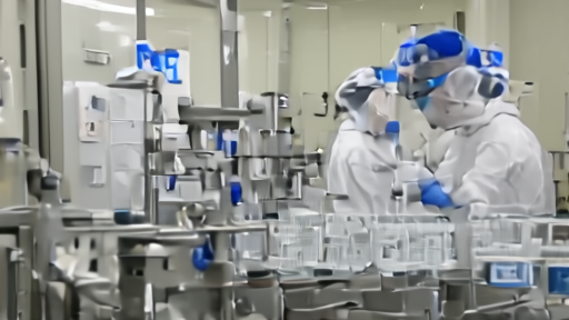 A vaccine manufacturing line interior with workers in clean-room gear, equipment, and pharmaceutical vials visible on a conveyor.