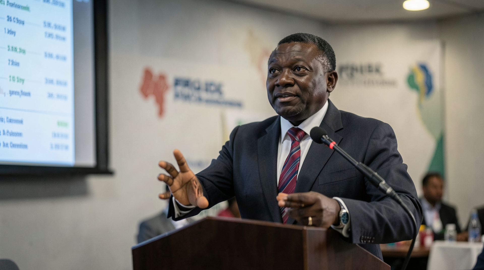 An African health official at a podium in a press briefing room, speaking with a slide displaying public-health data visible behind him.