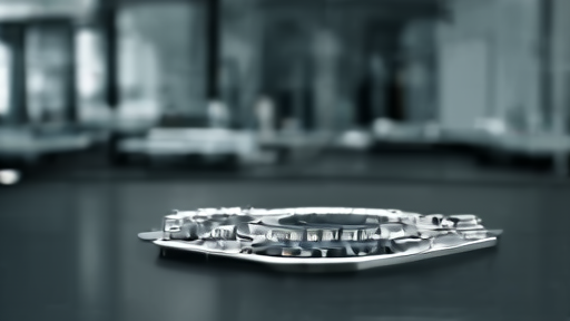 A wafer-scale semiconductor module on a black display table inside an empty engineering laboratory under dim overhead lighting.