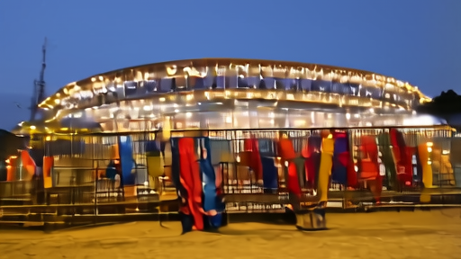 Exterior of the Puskás Aréna in Budapest at evening, floodlit, with a few PSG and Arsenal scarves draped on a railing in the foreground.