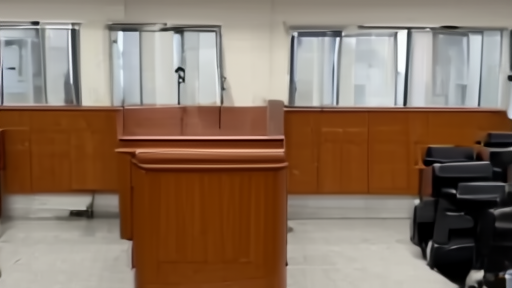 An empty press-briefing room at the Chinese Ministry of Commerce with a podium and translation booths, no people.
