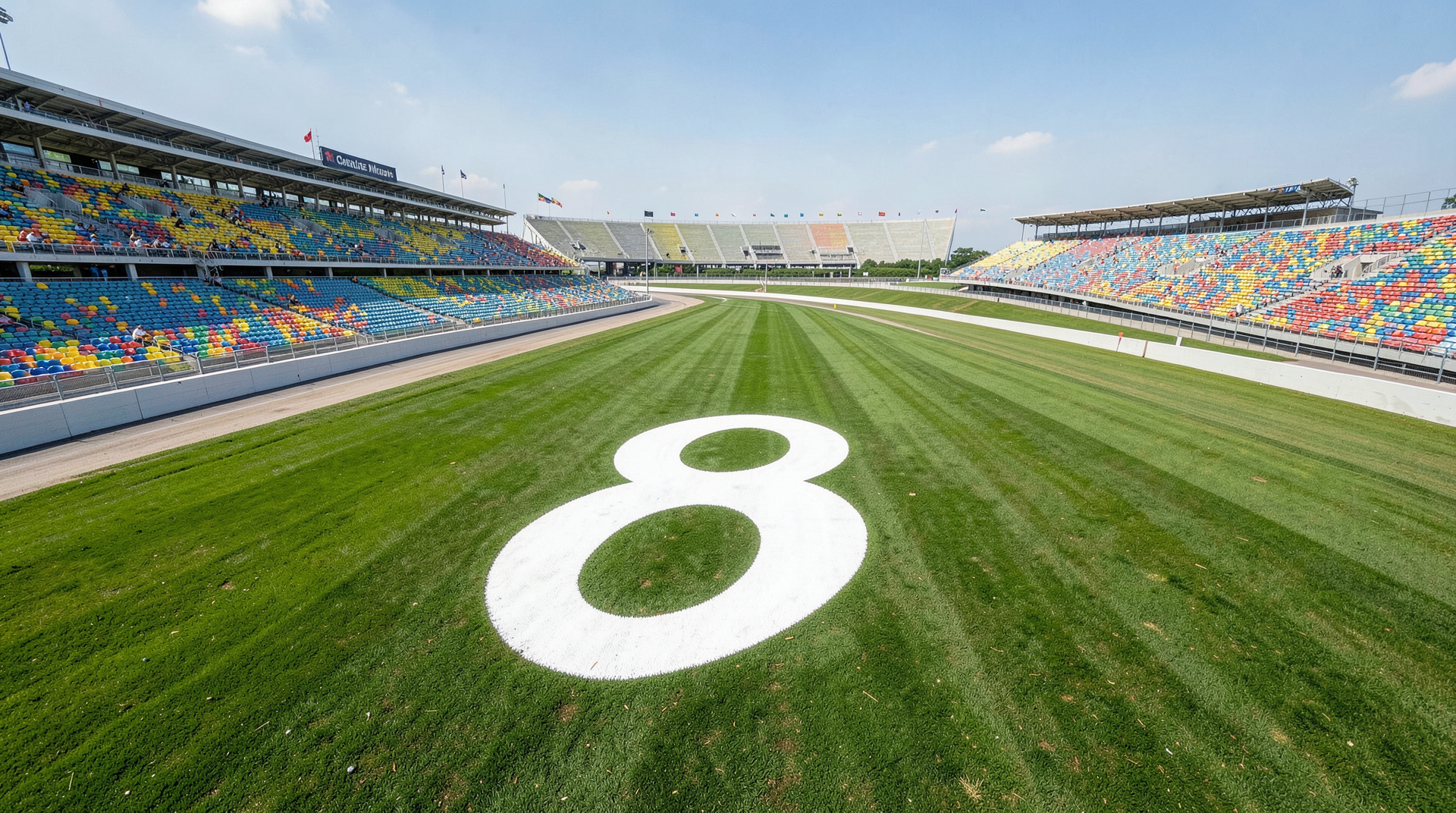 A large white painted '8' on the infield grass at Charlotte Motor Speedway, viewed from above, with empty grandstands in the background.