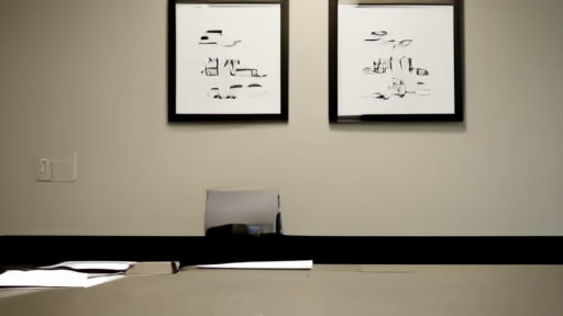 An empty corporate boardroom with framed FCC license certificates on the wall, dim afternoon light.