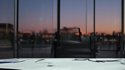A glass-walled meeting room in a regulatory office at dusk, two empty chairs facing opposite directions across a long table, paperwork visible