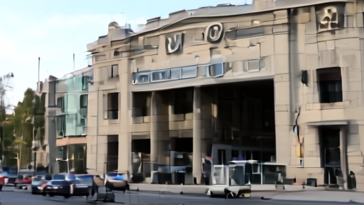 The MTVA headquarters in Budapest at midday, the Hungarian public broadcaster's logo on the facade, a parked television production van in the foreground.