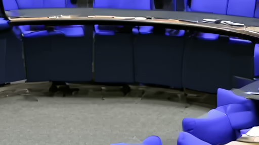 An empty UN Security Council horseshoe chamber with placards at each seat, no delegates, blue chairs visible
