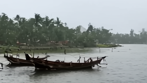 Heavy monsoon rain on a Kerala backwater village, two fishing boats tied to a wooden jetty under a grey sky.