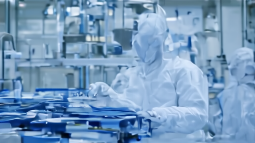 Cleanroom worker inspecting a silicon wafer under blue overhead lighting inside an Intel semiconductor fabrication facility.