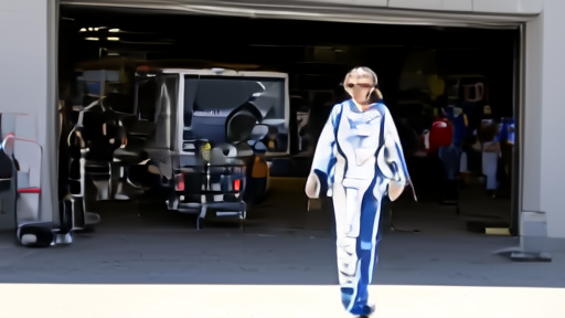 Katherine Legge in a fire suit walking through the Indianapolis Motor Speedway garage area on Saturday morning, helmet in hand, crew members behind her.