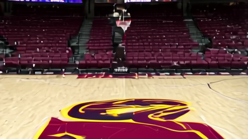 Rocket Arena in Cleveland on Saturday afternoon, pre-game crew setting up courtside, the Cavaliers logo at center court.