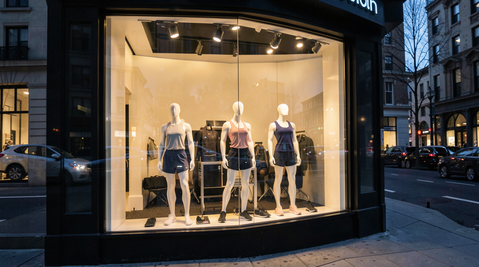 A storefront window of a Lululemon athletic apparel store at dusk, with reflections of street traffic in the glass.