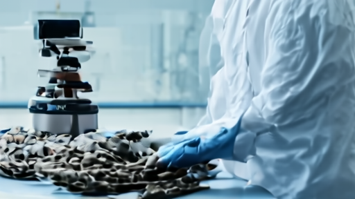 Forensic technician in laboratory coat examines a tray of skeletal remains under blue laboratory lighting at the DPAA identification facility.