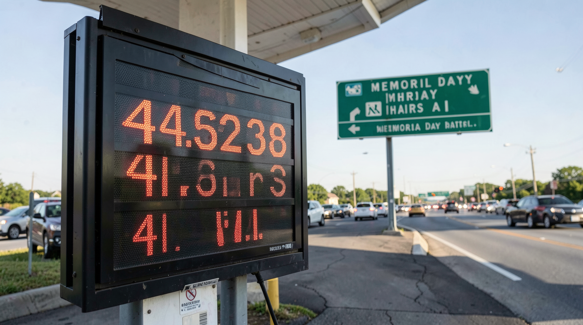 A close-up of a gas station price display showing $4.529 per gallon, with a TSA airport security checkpoint visible in soft focus in the background.