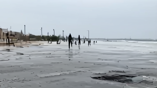 Saltwater pooling at a flooded curb on a Mid-Atlantic beach town on Saturday morning, no storm in the sky, holiday weekend foot traffic at the edge of frame.