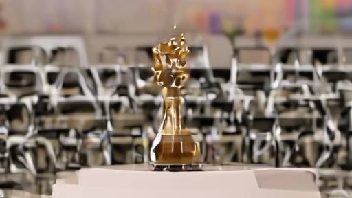 A small dais at the Cannes Queer Palm 2026 ceremony with the trophy on a podium, a co-jury president seated to one side, an open hall beyond.