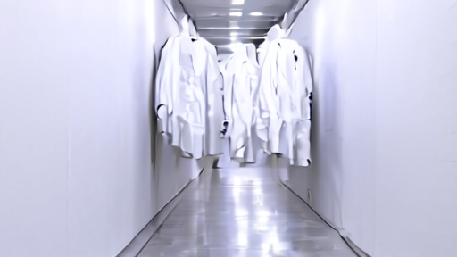 Two clean-room gowns hanging side by side in a semiconductor fab corridor under fluorescent light.