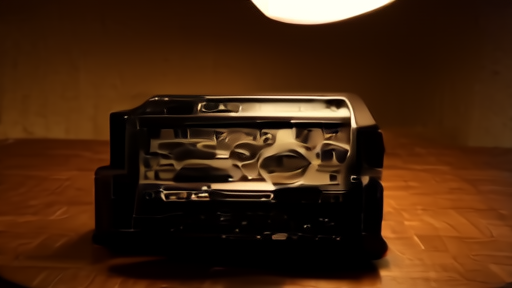 A vintage 1980 reel-to-reel audio recorder on a wooden table, a single overhead lamp casting amber light, no people